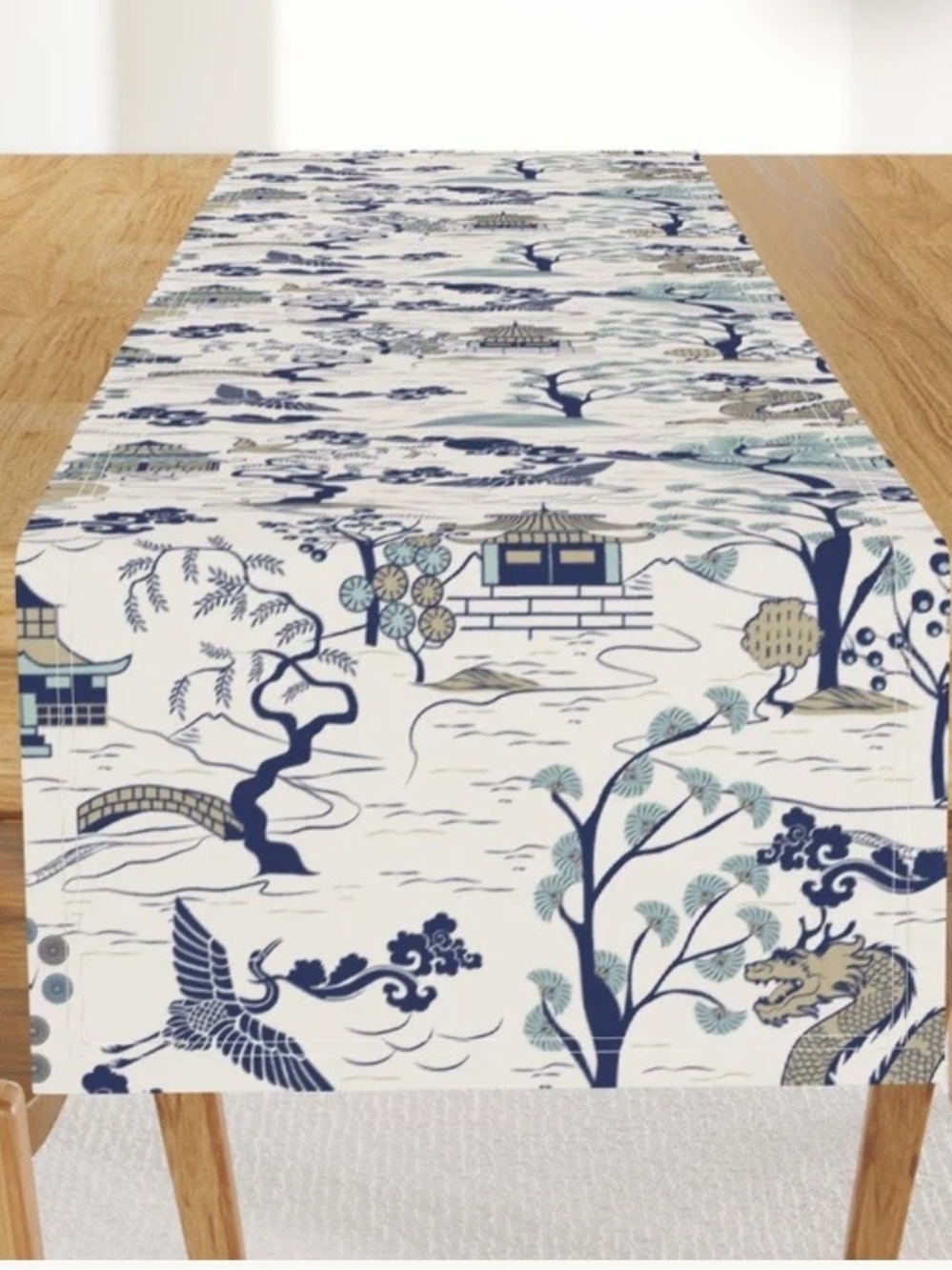 Spoonflower Japanese Village Chinoiserie Pagoda Blue Table Runner